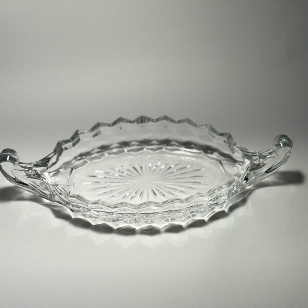 Vintage Fostoria American Clear Glass Elegant Handled Small Boat Dish 8 3/4”